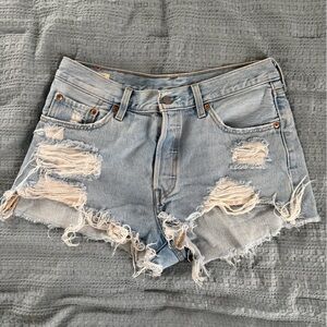 Levi's 501 Light Blue Distressed Denim Shorts
